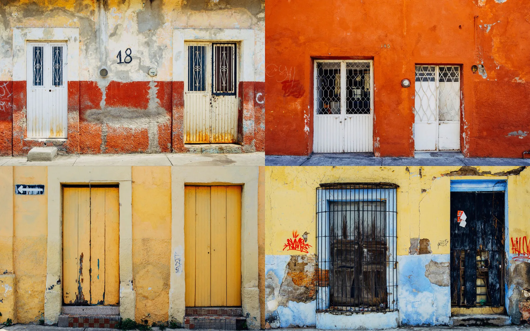 Cuadrícula de cuatro fachadas de casas del centro histórico de Colima, con muros descascarados en rojo, naranja, amarillo y azul, y puertas de madera y herrería.